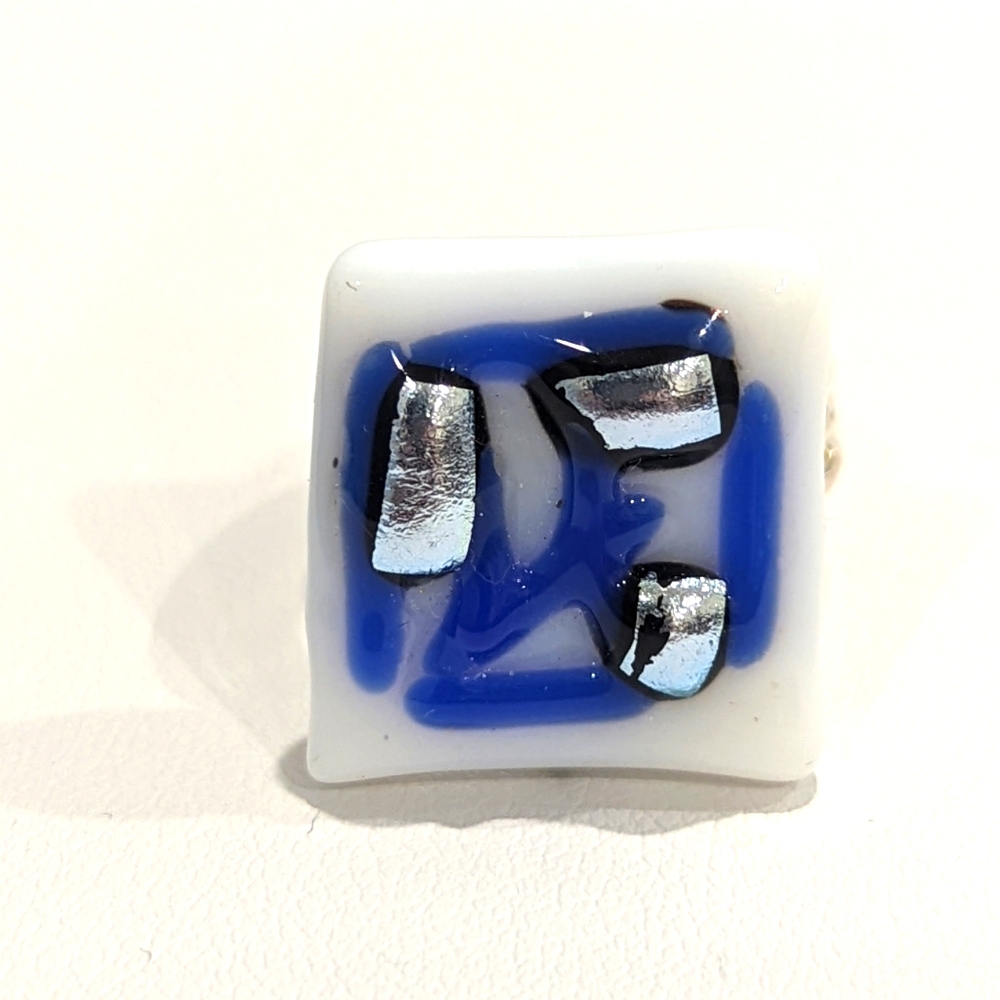 Artisan Handmade Blue, white, and silver abstract statement ring. Adjustable